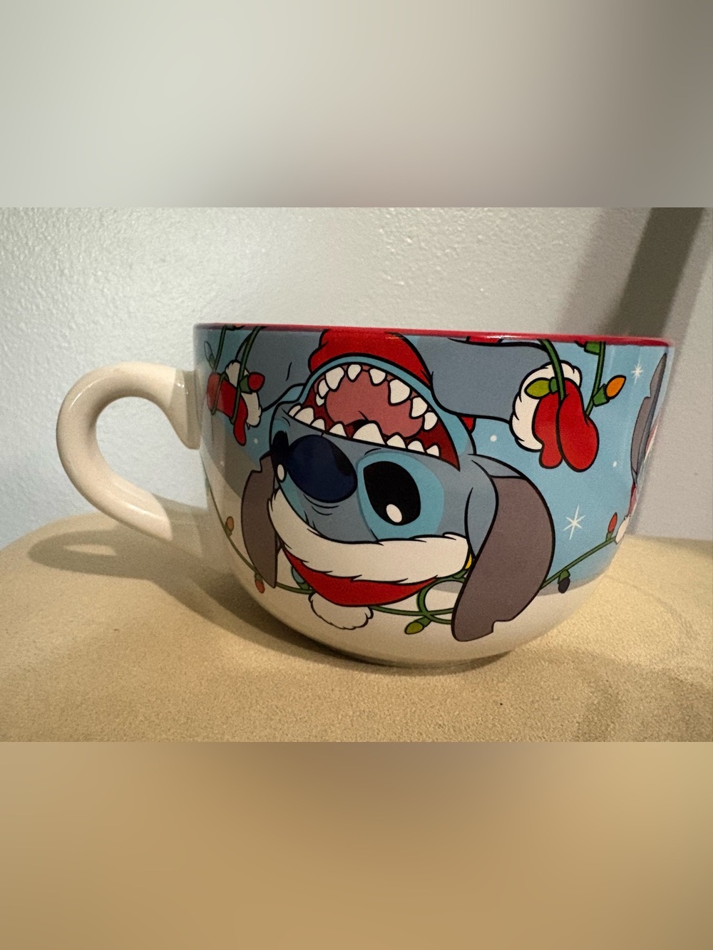 Disney Stitch Holiday Ceramic Mug in Light Blue with Red Accents